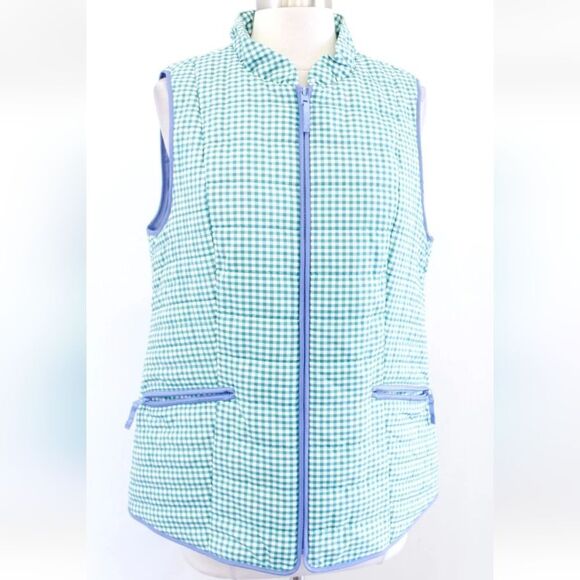 Talbots Green White Gingham Plaid Blue Trimmed Quilted Vest Zip Front Size Small - Picture 1 of 12